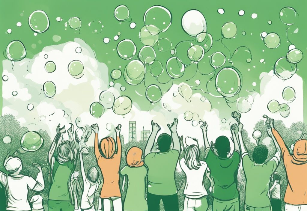 Skizzenillustration einer fröhlichen Menschenmenge im Park, die grüne Seifenblasen in den Himmel bläst, als umweltfreundliche Alternative zum Luftballonsteigen.