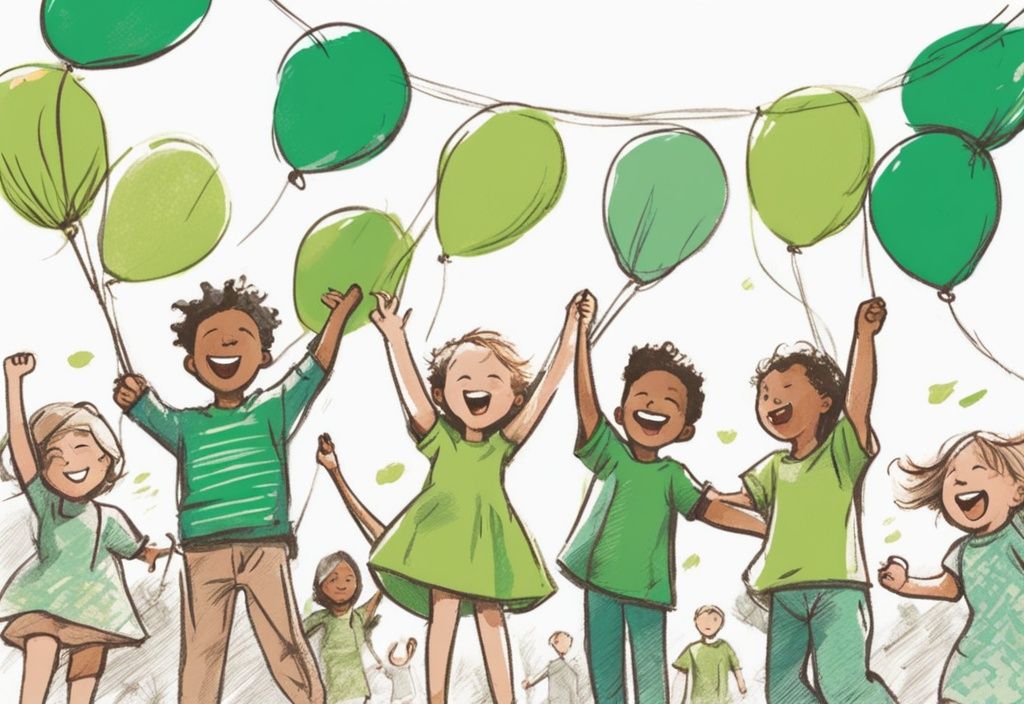 Skizzenillustration von Kindern, die farbenfrohe, wiederverwendbare Stofffahnen als umweltfreundliche Alternative zum Luftballons steigen lassen in die Luft schwenken.