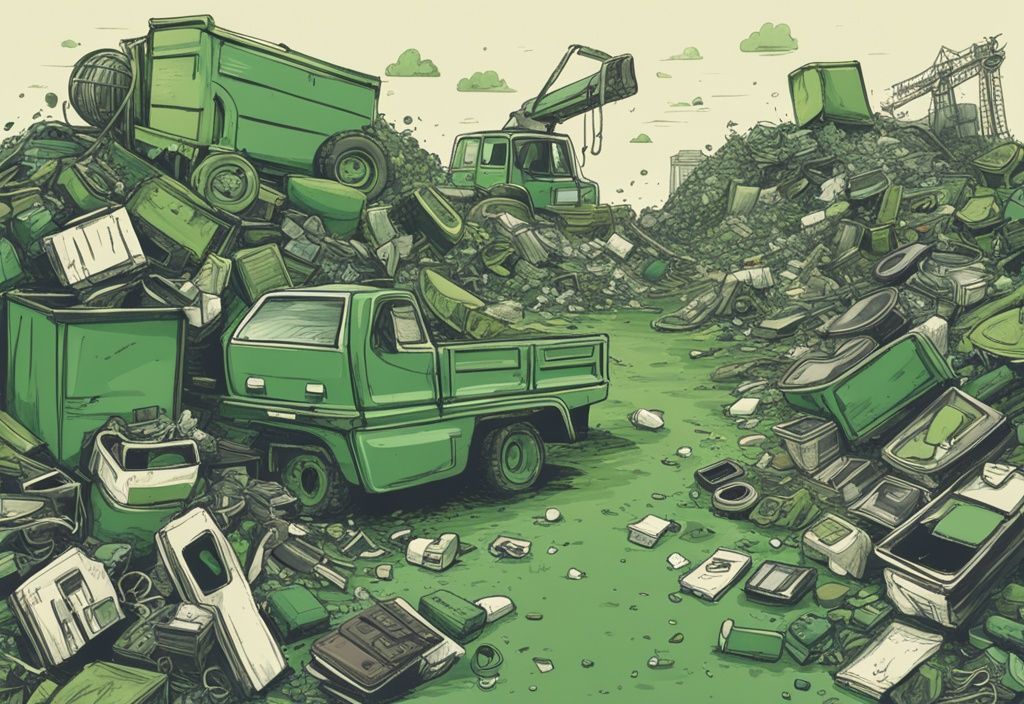 Skizzenillustration einer großen Mülldeponie mit verschiedenen Abfallarten wie Elektroschrott, Reifen, Haushaltsmüll, Bauschutt und alten Möbeln, hauptsächlich in Grüntönen gehalten.