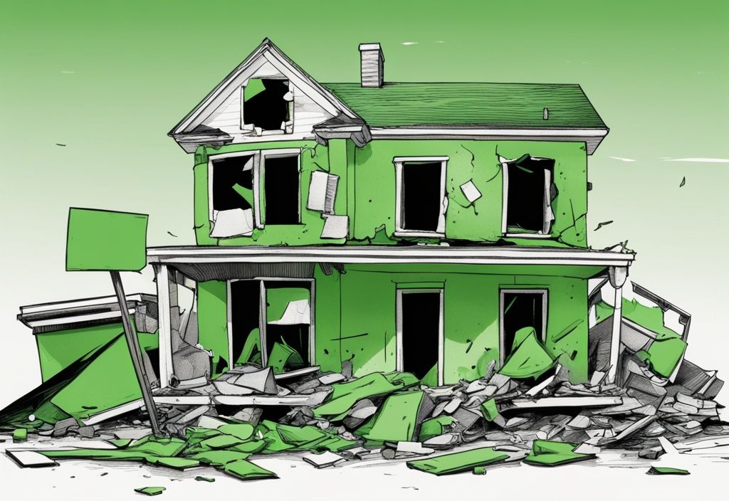 Skizze eines grünen Hauses im Abriss mit Preisschild, das die Kosten für Abbruch und Entsorgung symbolisiert